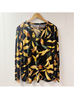 Tropical Print Sophisticated Ruffle Chico’s Tunic Top SZ 3 XL Brown Resort Fall